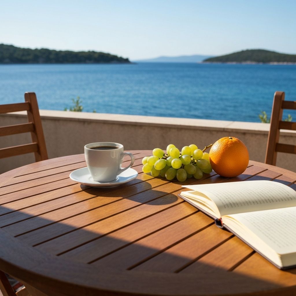 Prijepodnevna stabilnost - kava na terasi, voće, bilježnica