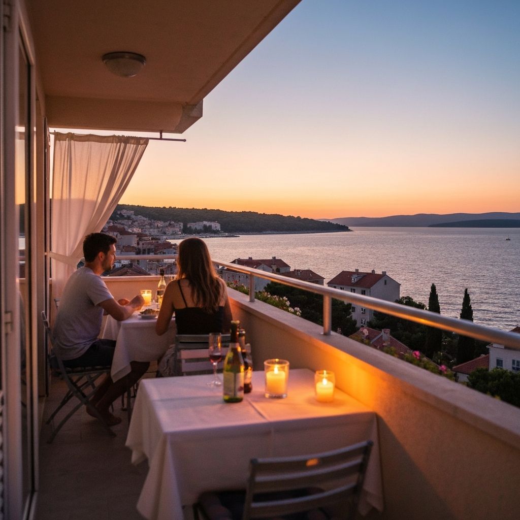 Večer u miru - balkon s laganom večerom, svića, Adrija u magli