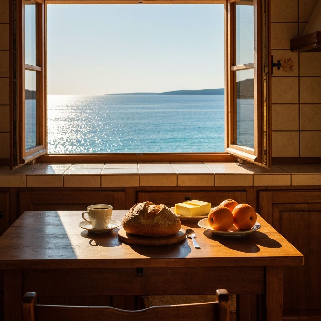 Jutarnje pogled na Adriju, prozor s kavom i kruhuom